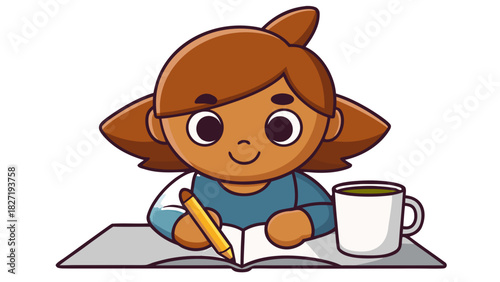 Cartoon woman sketching in notebook with coffee at a desk