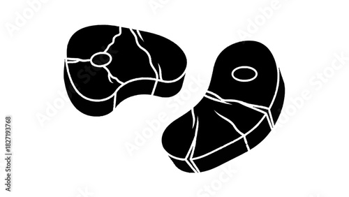 Vector illustration of two black silhouette icons of raw steak cuts with marbling lines, isolated on transparent background