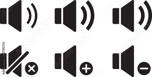 Speaker volume icons showing sound levels mute increase and decrease controls Concept of audio interface communication and technology