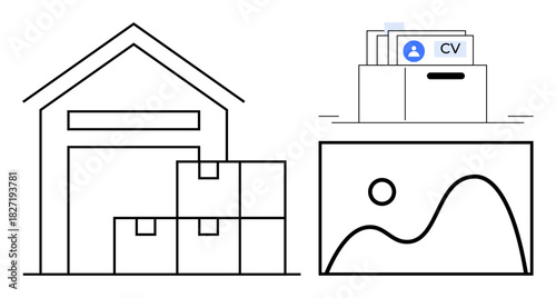 Document management. Organized depiction of warehouse storage, document filing, and photo archiving. Document management solutions for business operations, HR processes, and data storage systems
