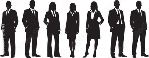 Silhouette illustration of business men and women standing in formal suits with confident posture, concept of corporate teamwork and professional workforce