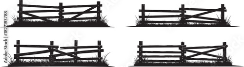 Silhouette illustration of rustic wooden fence variations with rough planks and grass detail, concept of rural boundary and countryside texture