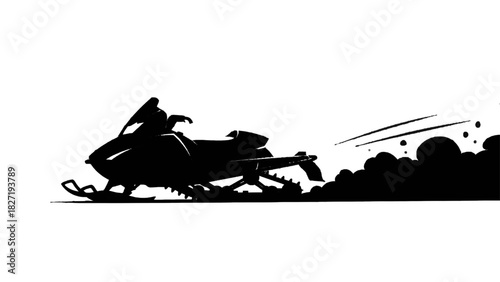 Vector illustration of silhouette of a snowmobile kicking up snow and powder in a dynamic action shot isolated on transparent background