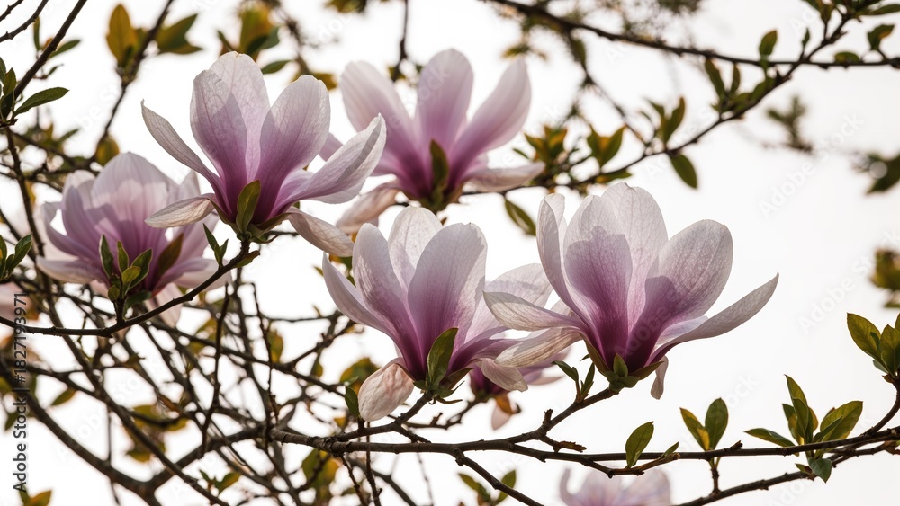 Obraz premium Magnolia flowers in bloom on tree branches.