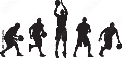 Silhouette basketball player in multiple action poses dribbling running and shooting Concept of sport movement energy and athletic training