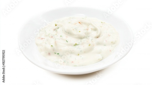 Tartar sauce served on a clean white plate with herb and pickle flecks. Generative AI