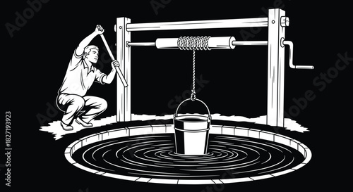 Vintage black and white vector illustration of a determined man using a wooden winch to manually draw a bucket of clean water from a deep, traditional circular well, labor and water access concept.