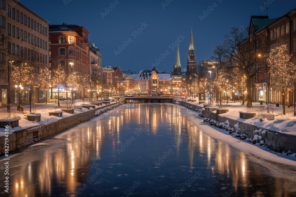 Fototapeta premium city skyline at night, seen from across an icy river in winter with illuminated buildings and street lamps, buildings and christmas trees in the background, a winter sky Generative AI