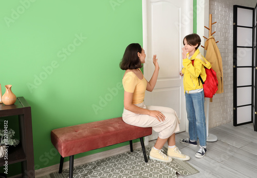 Mother walking her little s...