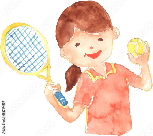 テニスラケットとボールを持つ女性のイラスト、ベクター