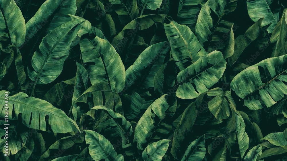 Fototapeta premium Dense green banana leaves filling the frame, lush foliage, tropical plant leaves.