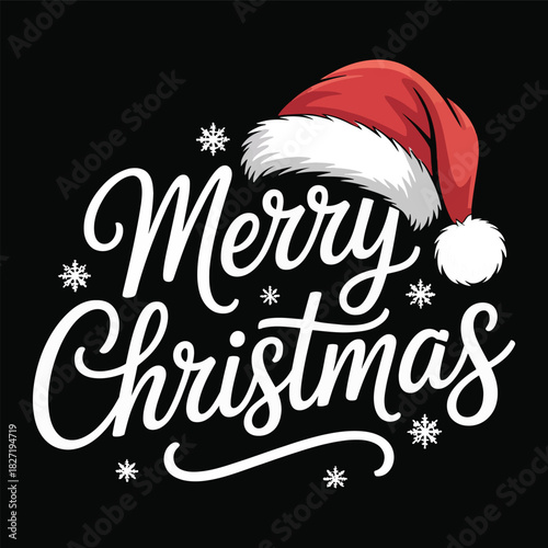 Merry christmas typographic design with santa hat and snowflakes