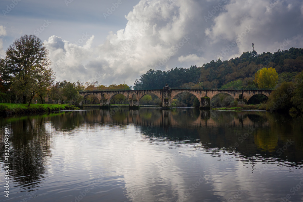 Obraz premium Ponte da Barca bridge over Lima river. Ancient portuguese village.