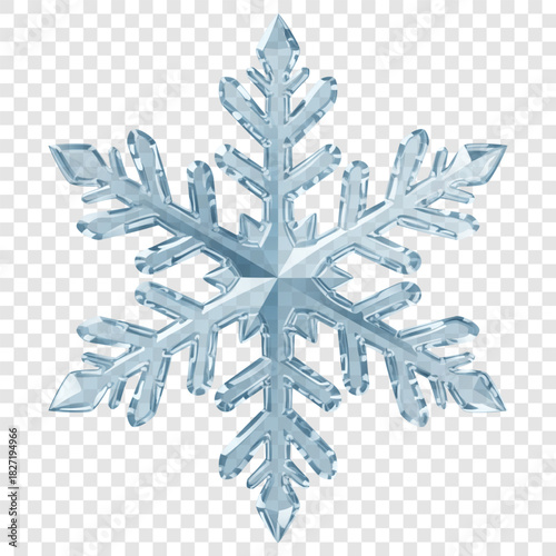 A complex translucent snowflake with crystalline facets in shades of silver and white on a transparent background. Transparency only in vector format.