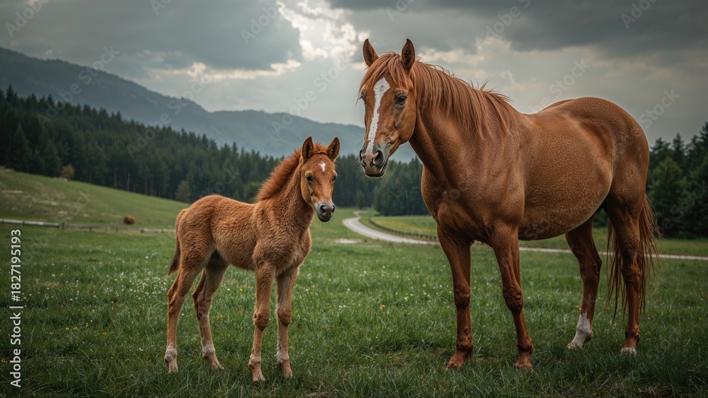 Fototapeta premium A brown foal and adult horse standing in a green field with mountains and cloudy sky in the background.