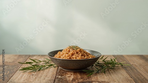 Bowl of couscous served on a wooden table with herbs, rustic style.