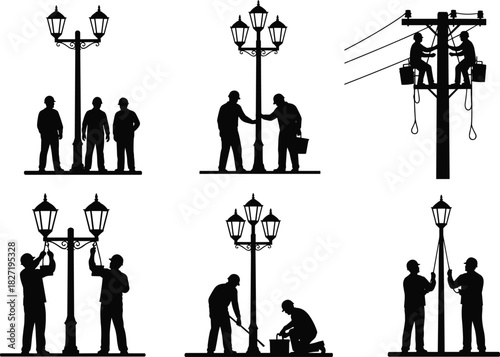 Street lamp maintenance workers silhouettes, electricians repairing power lines, municipal utility team vector illustration, public lighting installation crew, black and white industrial set