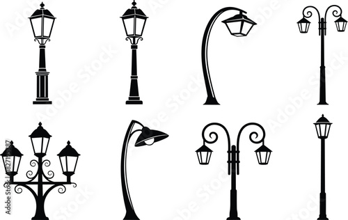 Street lamp silhouette vector set, collection of vintage and modern city light posts, park lanterns, and urban illumination design elements, black and white