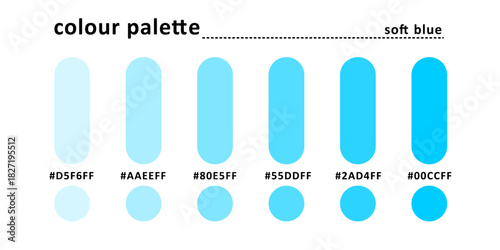 Color palette, soft blue edition with accurate rgb color code. Simple and clear color palette isolated on white background.