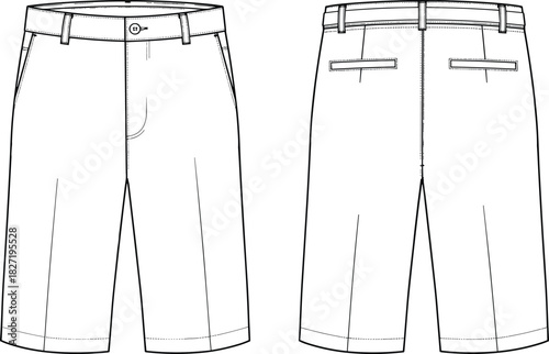 Technical fashion flat sketch vector illustration of mid-length men's Bermuda shorts with belt loops, slant pockets, and back welt pockets, classic tailored style.