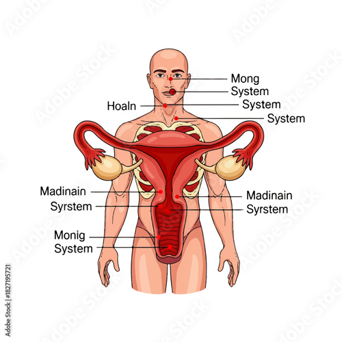 Human Anatomy Female Reproductive System Diagram with Uterus, Ovaries, and Fallopian Tubes in Male Torso