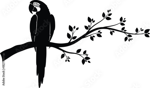 Tropical macaw parrot bird silhouette sitting on a leafy tree branch, black and white vector illustration, jungle animal theme for design elements, isolated on white background