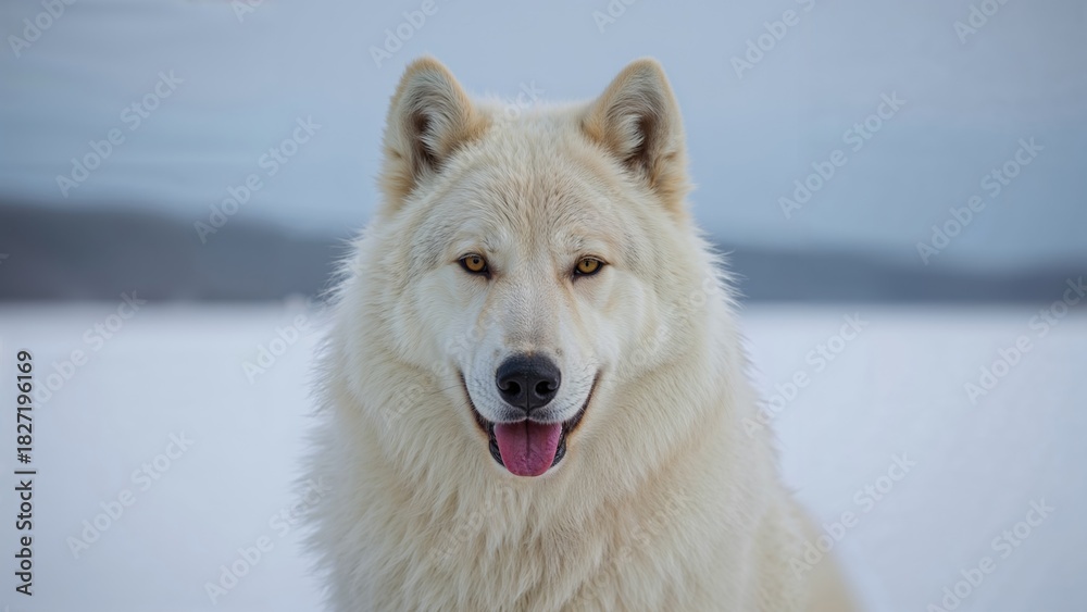Obraz premium A white dog with yellow eyes and a pink tongue, looking happy against a background of water and sky.