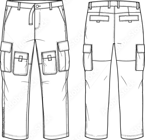 Technical flat drawing of men's or unisex straight-leg cargo pants with flap pockets fashion CAD vector illustration, front and back apparel template