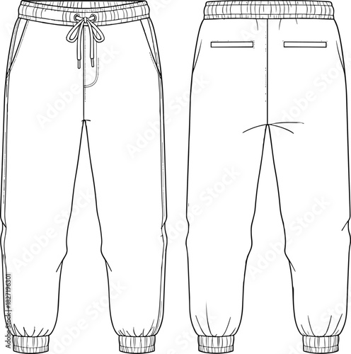 Technical flat drawing of unisex drawstring elastic cuff jogger pants fashion CAD vector illustration, front and back views apparel design template
