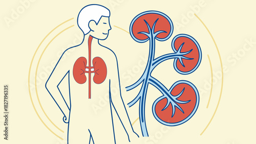 Diagram of human kidneys and related internal anatomy