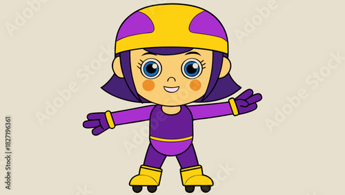 Cartoon girl on rollerblades giving peace sign with smile