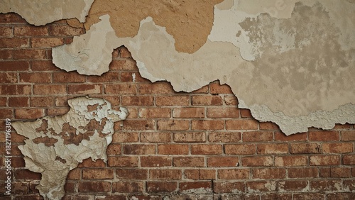 Peeling wall with exposed brickwork and deteriorating plaster. Damaged surface, weathered texture, and rustic appearance. The wall shows signs of decay and aging.