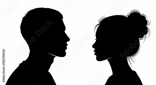 Silhouette profiles of a man and a woman facing each other, symbolizing connection, relationship, and human interaction, against a stark white background