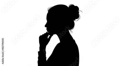 A minimalist black silhouette of a pensive woman, her hand gently touching her chin, lost in deep thought or contemplation, symbolizing introspection and decision-making