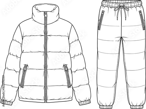 Technical flat drawing of unisex padded puffer jacket and quilted drawstring jogger pants winter tracksuit fashion CAD vector illustration, apparel template