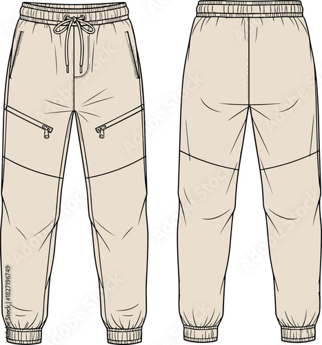 Technical flat drawing of unisex slim-fit cuffed jogger pants with knee paneling and zippered pockets fashion CAD vector illustration, apparel template