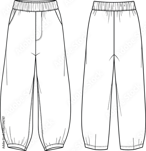 WebTechnical flat drawing of women's or kids balloon fit pants with elastic waist and cuffed hem fashion CAD vector illustration, apparel design template