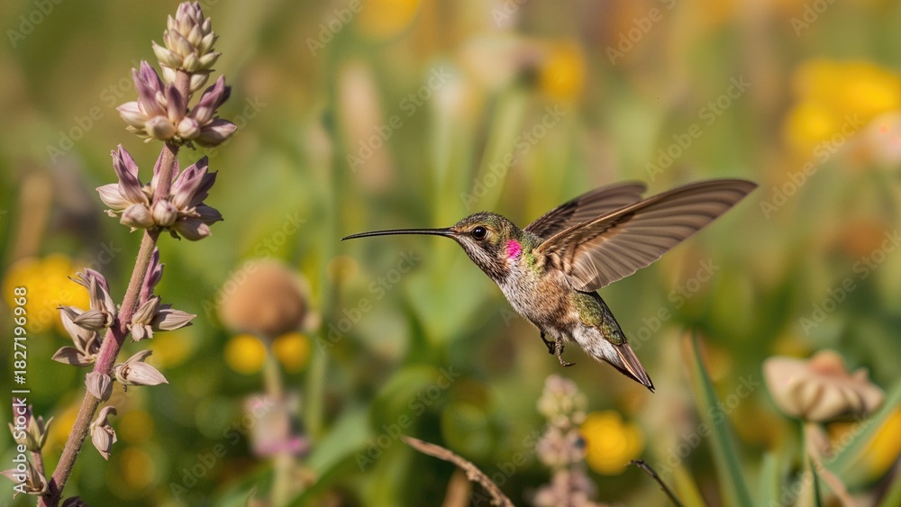 Obraz premium A hummingbird flying near flowers with blurred green and yellow background.