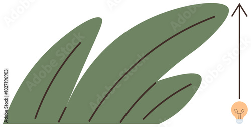 Green leaves alongside a glowing light bulb and an upward arrow. Ideal for sustainability, innovation, growth, eco-development, renewable energy, environmental progress, and nature-focused ideas