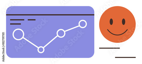 Trend graph with connected points and smiling orange face indicating success. Ideal for performance tracking, analytics, growth, trends, positivity, user experience, simple flat metaphor