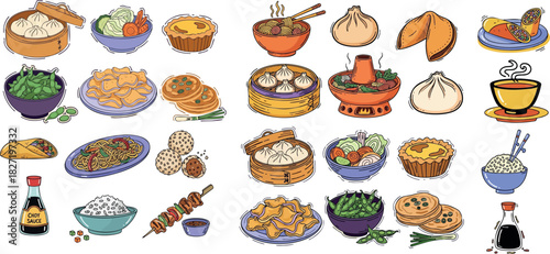 Hand drawn doodle style chinese food vector set with dim sum baskets, dumplings, noodles, fortune cookie and soy sauce arranged in scattered pattern on white background