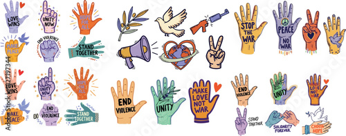 Colorful hand drawn doodle style peace protest vector art with raised hands, anti war slogans, dove and megaphone solidarity symbols in playful cartoon layout