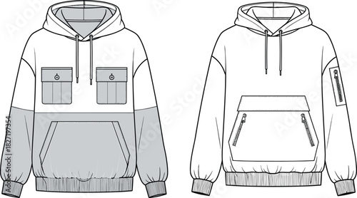 Technical Flat Sketch Vector Illustration of Oversized Pullover Hoodies with Colorblock Panel, Multiple Utility Pockets, and Drawstrings, Streetwear CAD Template, Front View