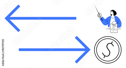 Two bold arrows pointing in opposite directions, a character presenting a document, and a dollar coin. Ideal for financial literacy, economics, education, decision-making, business, negotiation