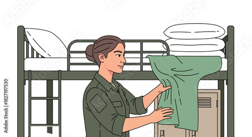 Military woman making the bed in her dorm room