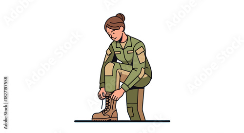 Woman soldier tying boots ready for duty
