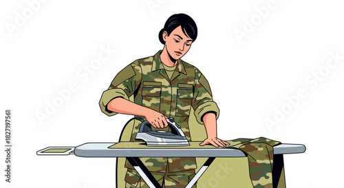 Woman soldier ironing uniform on a board in the home