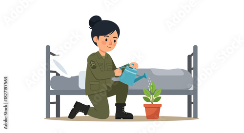 Soldier watering a plant with caring attitude