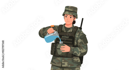 Soldier pouring water into a canteen to hydrate