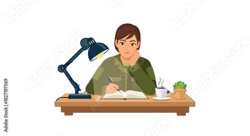 Woman writing in a notebook at a desk with lamp and coffee